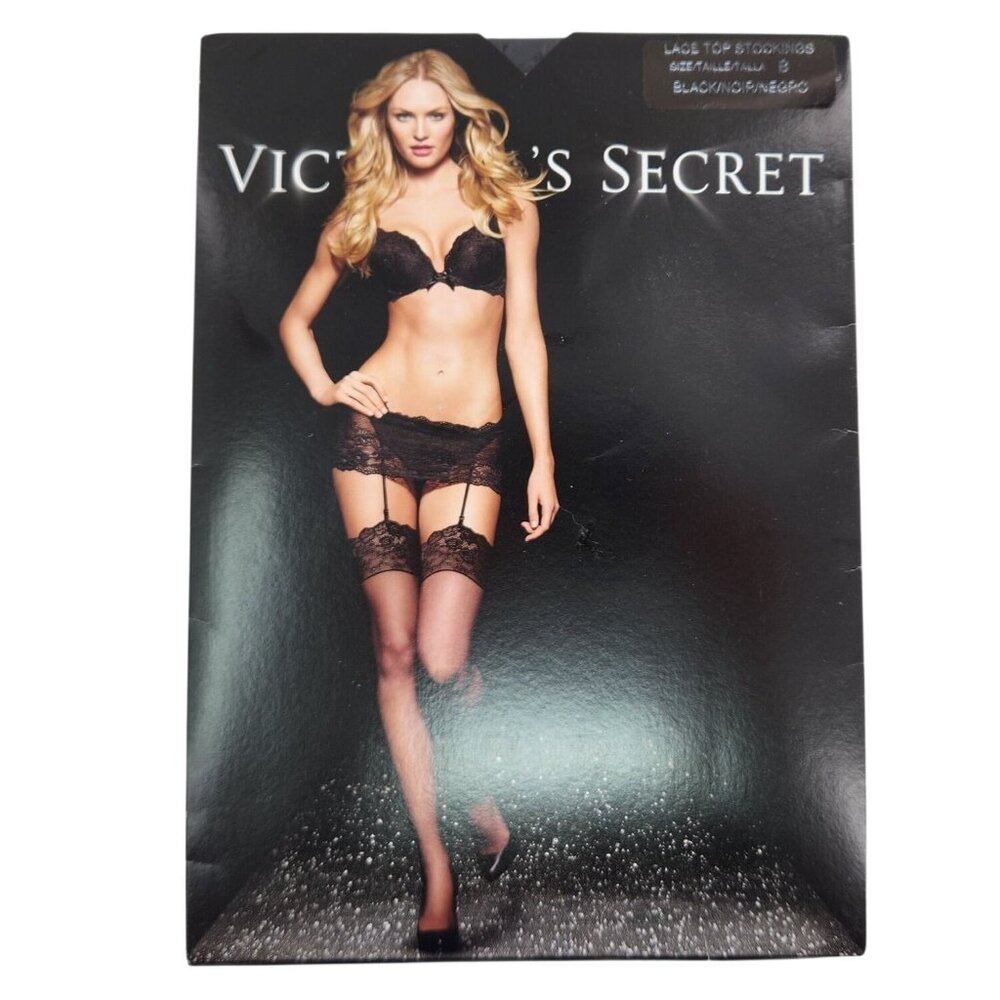 Vtg Victoria’s Secret Thigh High Stockings Lace Top Black Size B New in Package